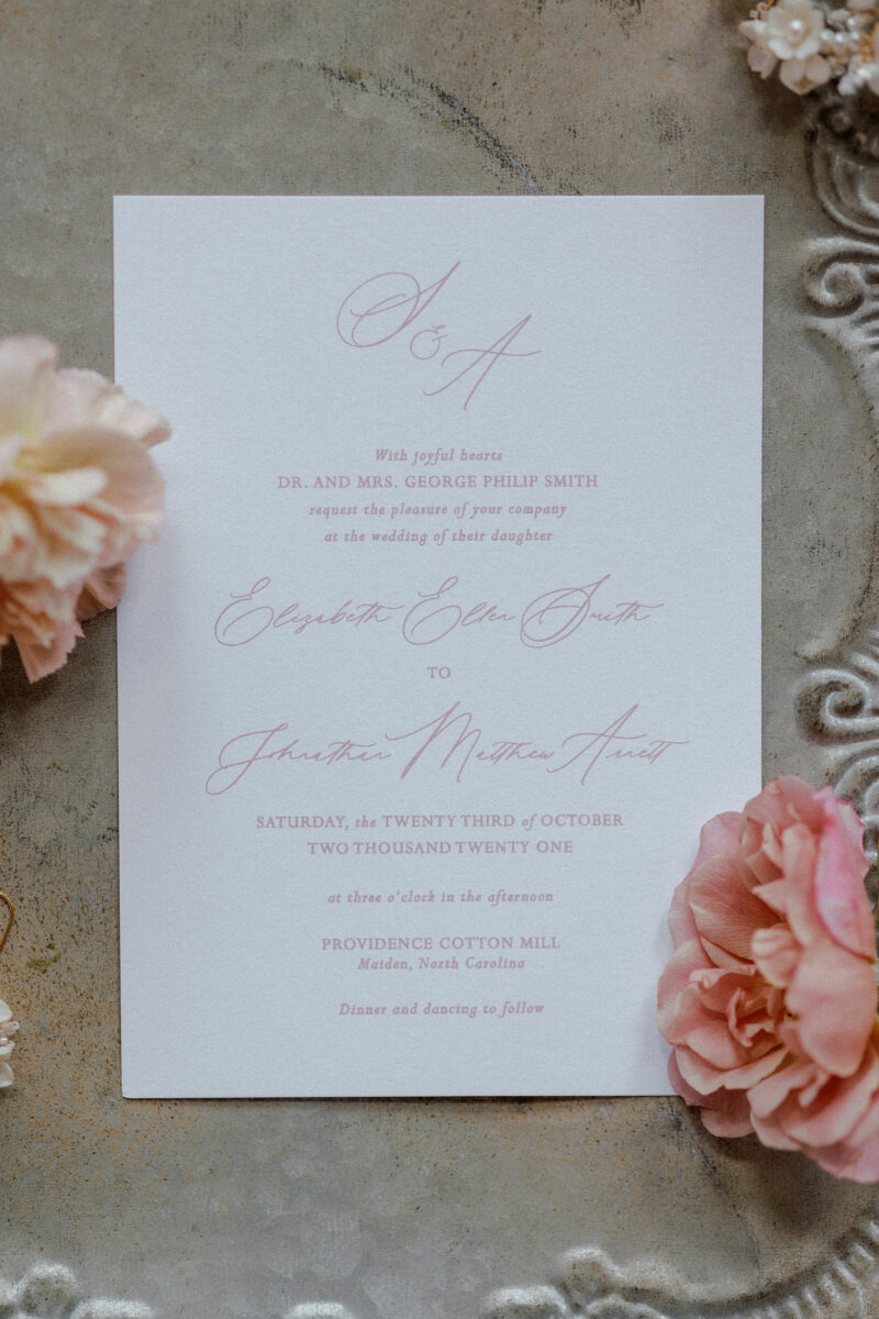 White invitation on antique background with pink roses on top
