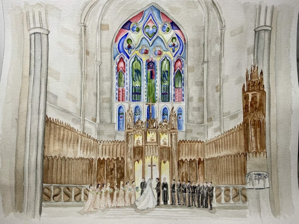 A Duke Chapel Live Wedding Painting showing the inside of the cathedral during a wedding in COVID