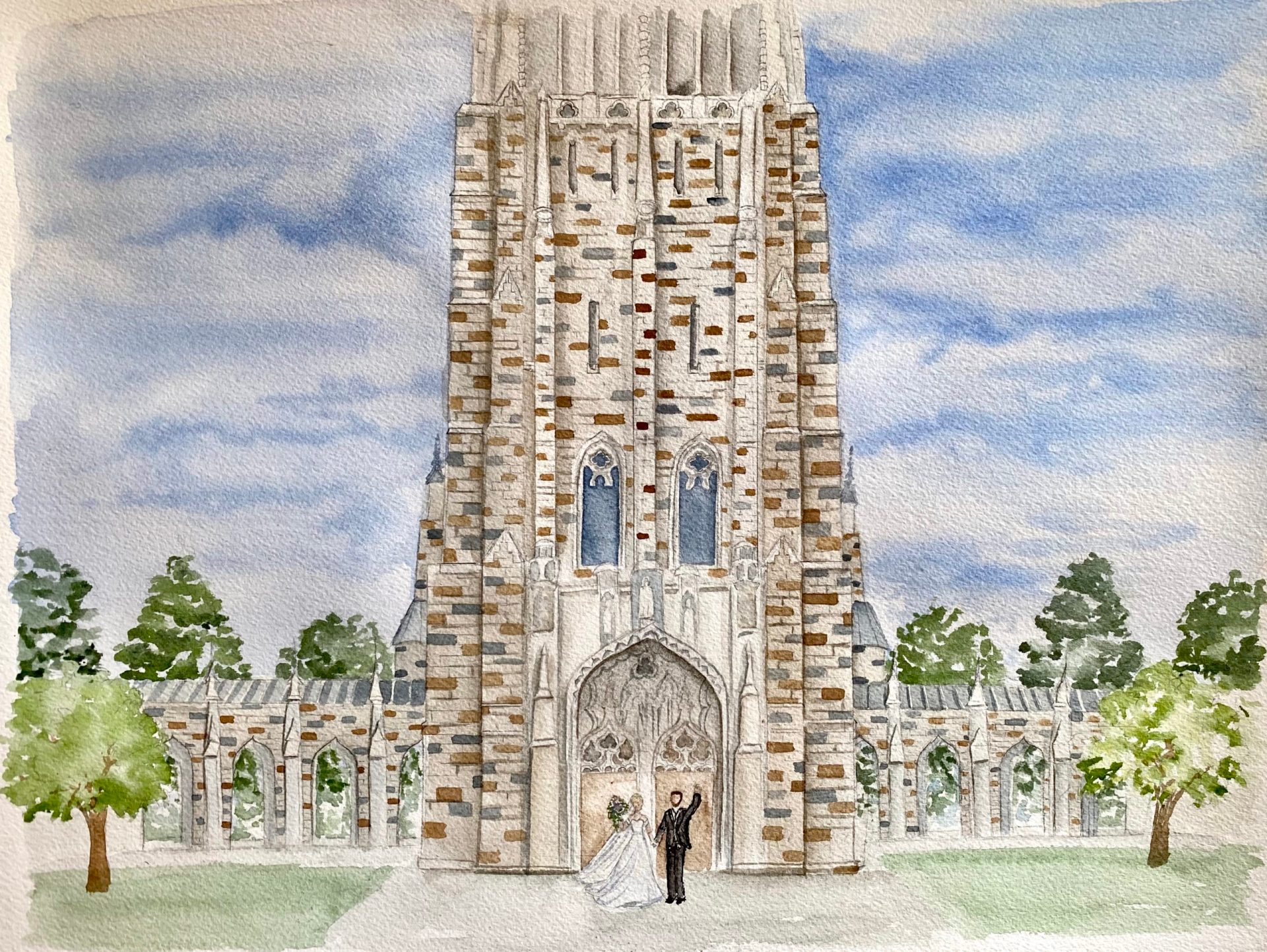 Couple dancing at Duke Chapel in live wedding painting