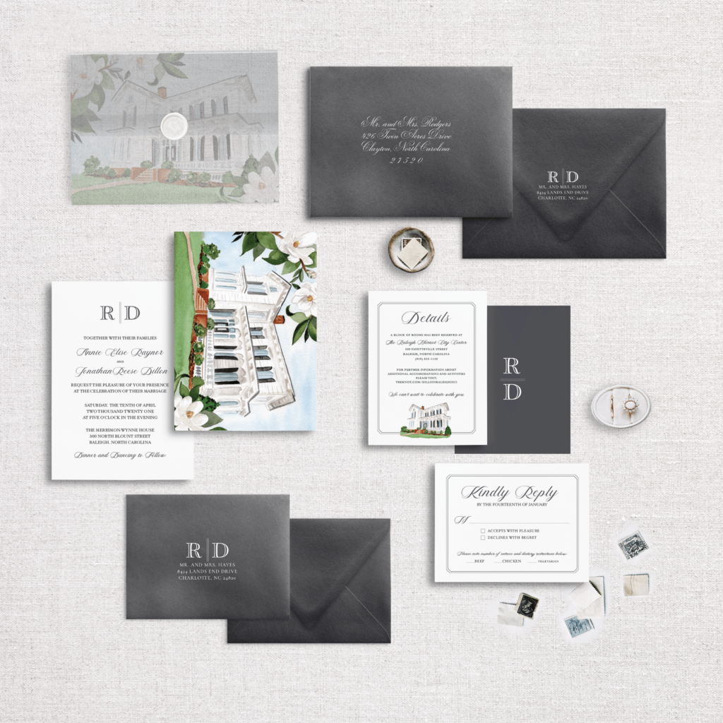 Wedding invitation suite featuring Merrimon Wynne wedding venue