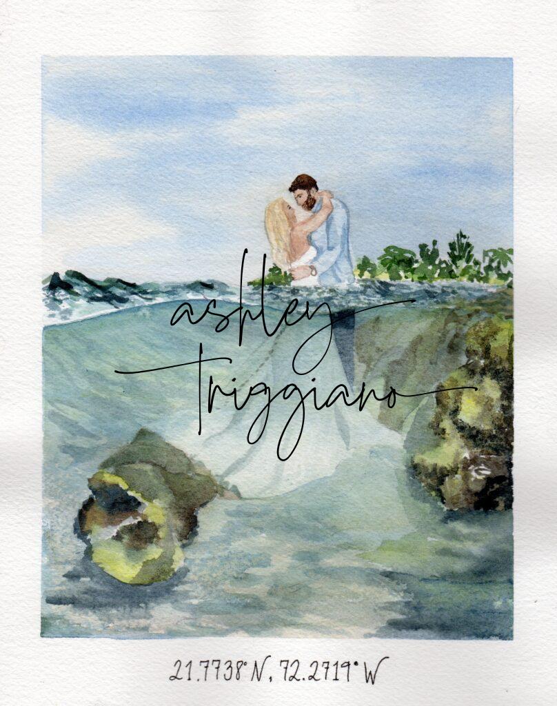custom watercolor portrait of wedding couple in the ocean
