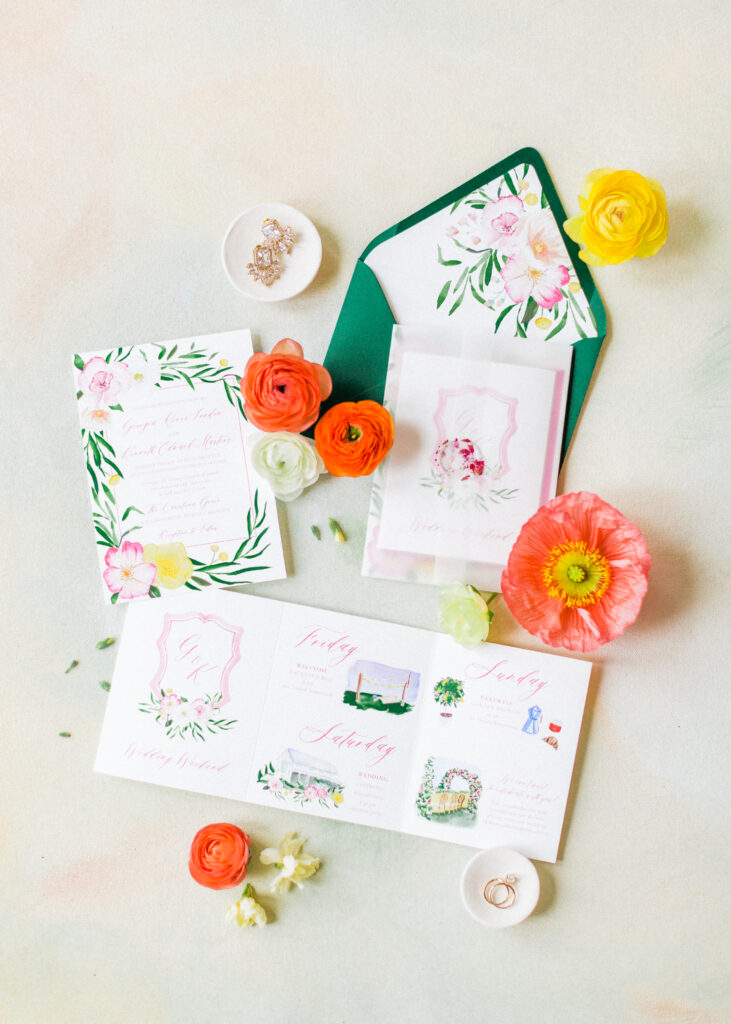 citrus wedding invitations - custom watercolor wedding stationery with a monogram crest and pink lemonade twist! By Ashley triggiano - as featured on style me pretty