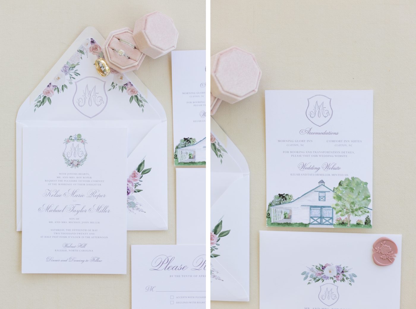 Lavender and blush hand painted wedding invitations for a wedding at Walnut Hill