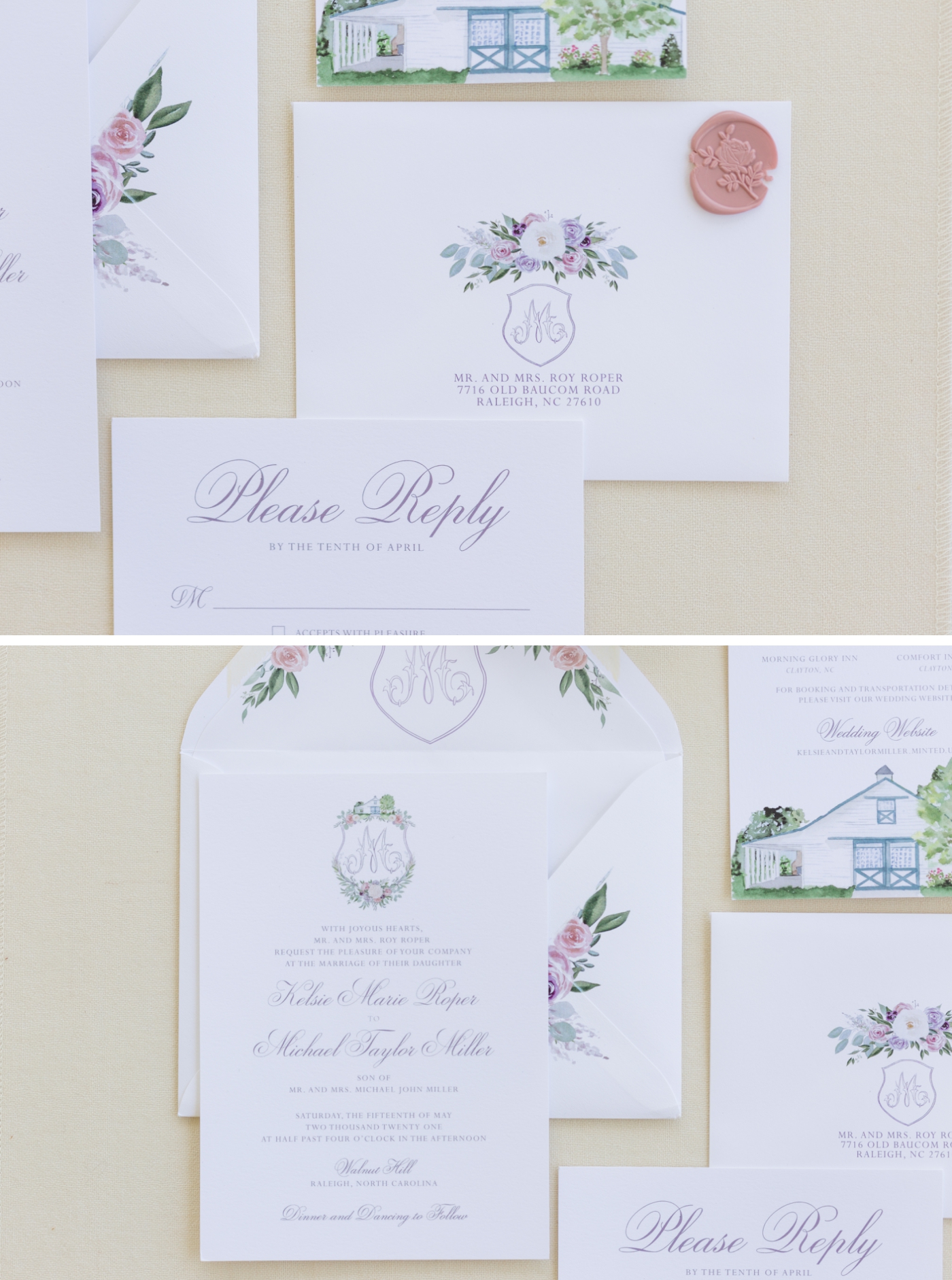 Hand-painted floral wedding invitation envelopes