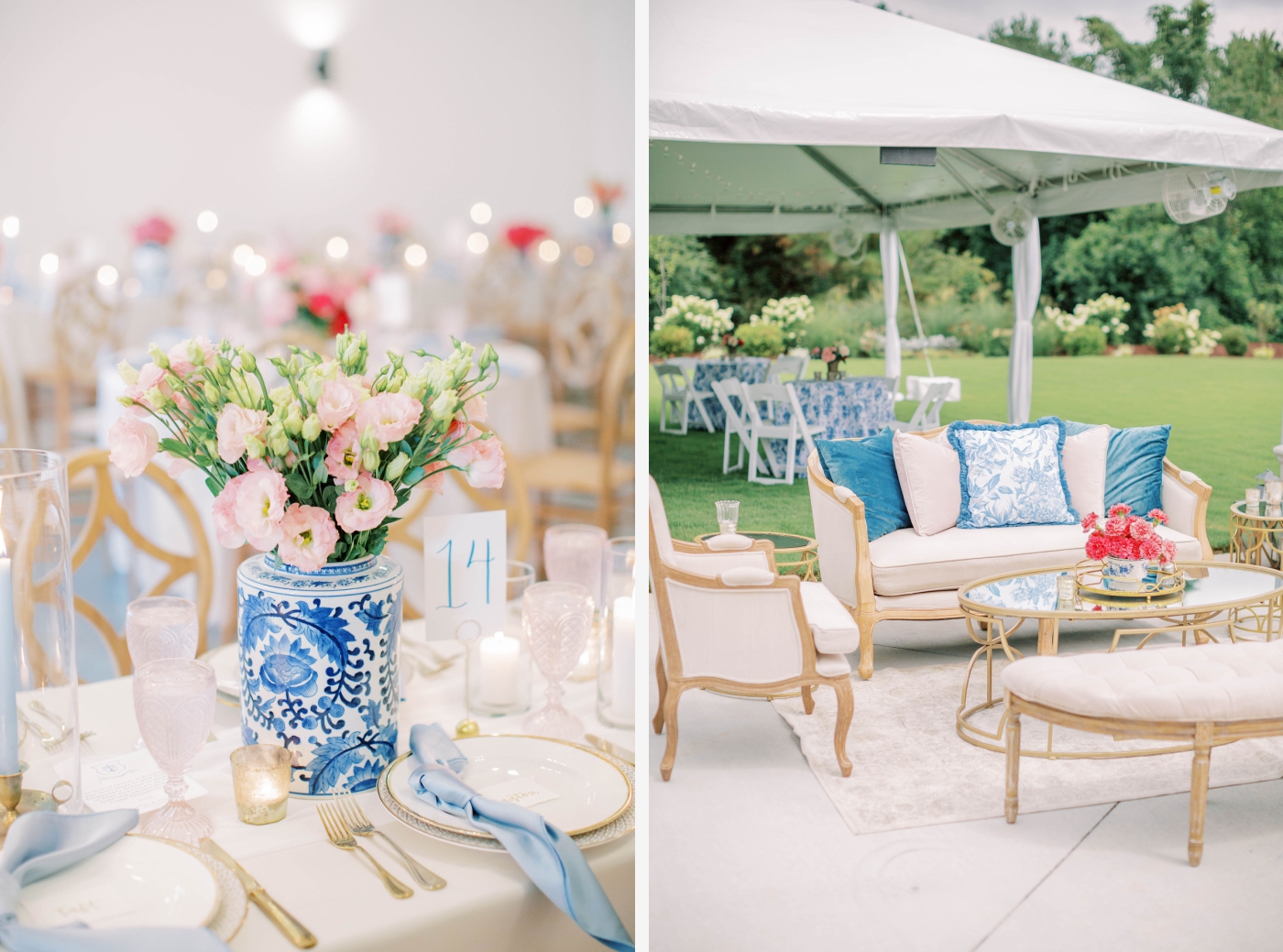 Ginger jar inspired wedding with blues and whites at The Maxwell in Raleigh
