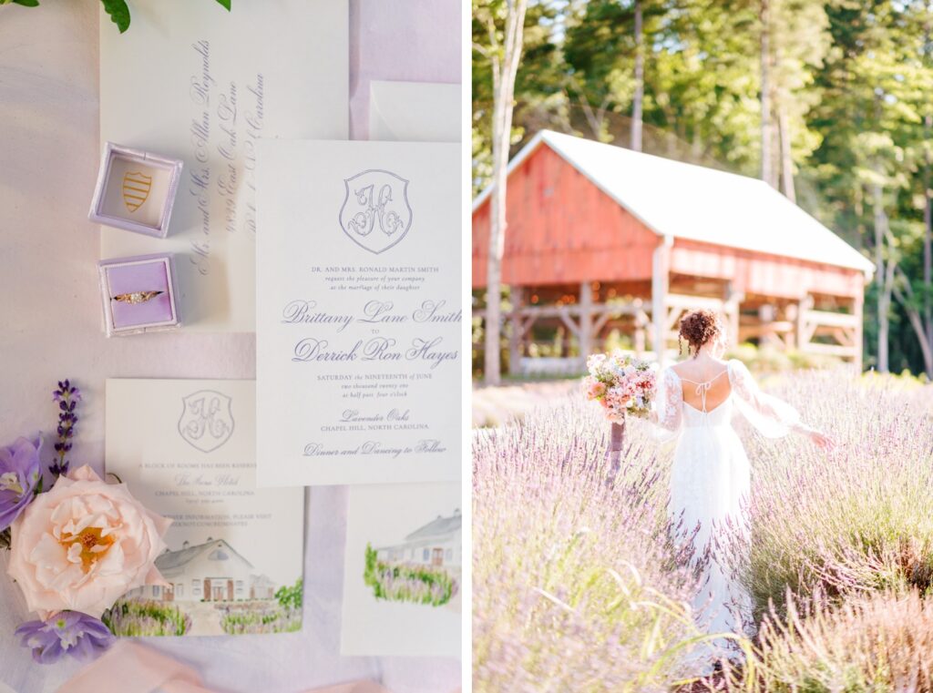White and lavender stationery for a styled shoot at Lavender Oaks