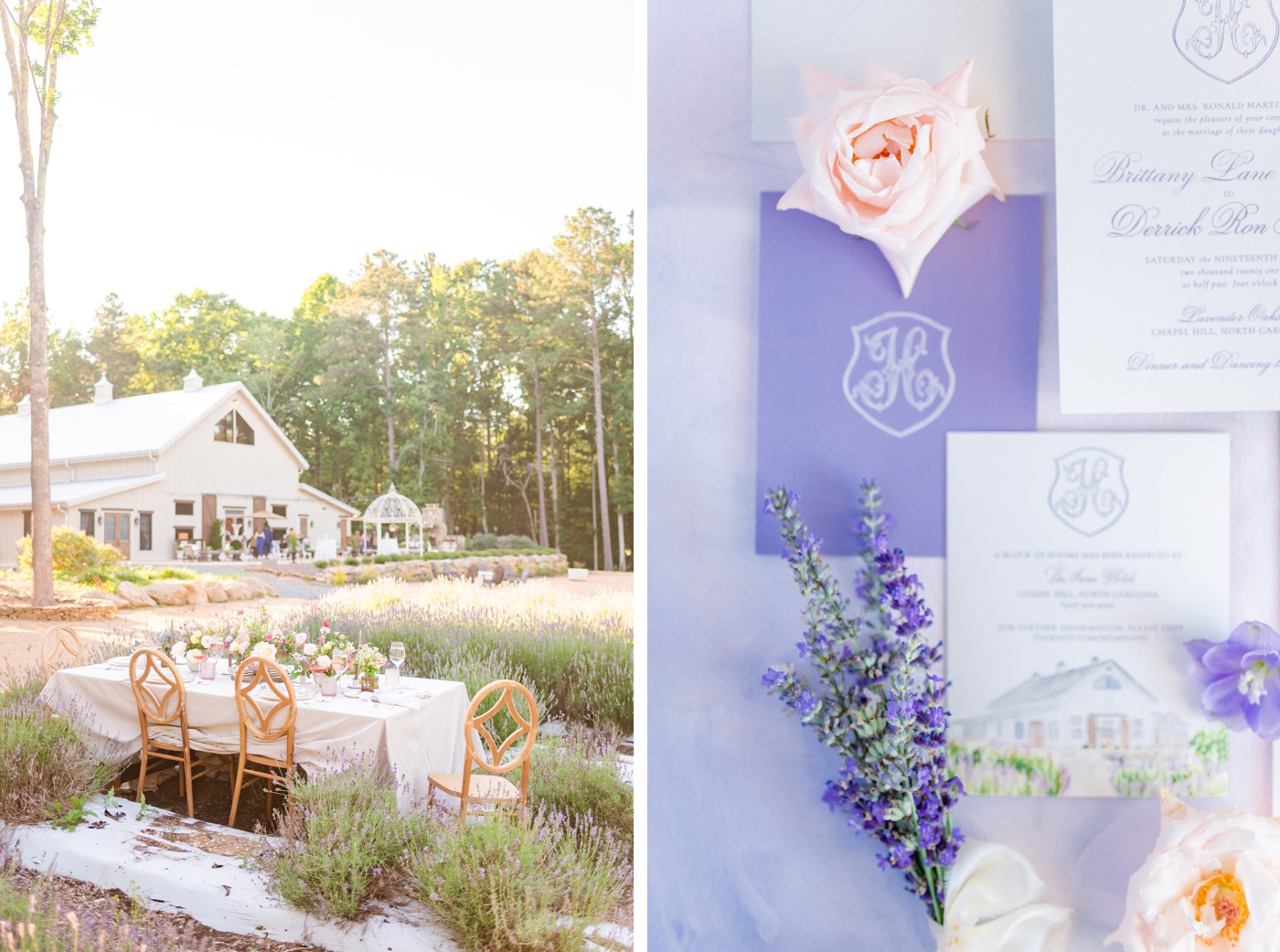 White and lavender stationery for a styled shoot at Lavender Oaks