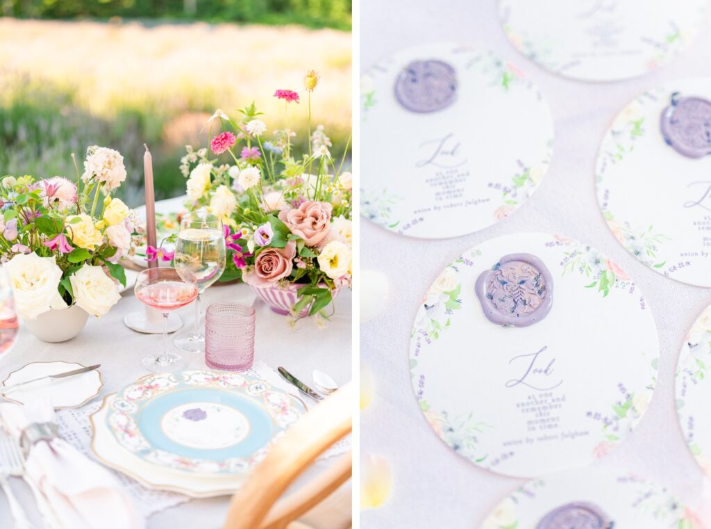 Table setting featuring blue china plates, lavender antique tumblers, and roses