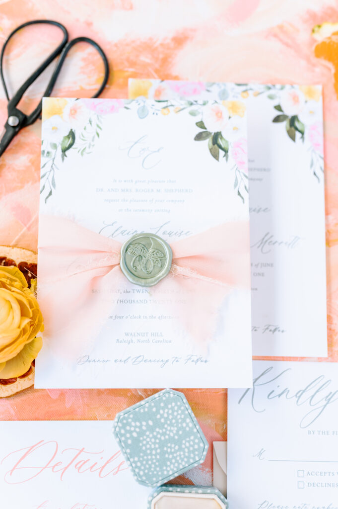 watercolor floral wedding invitation suite with wax seal