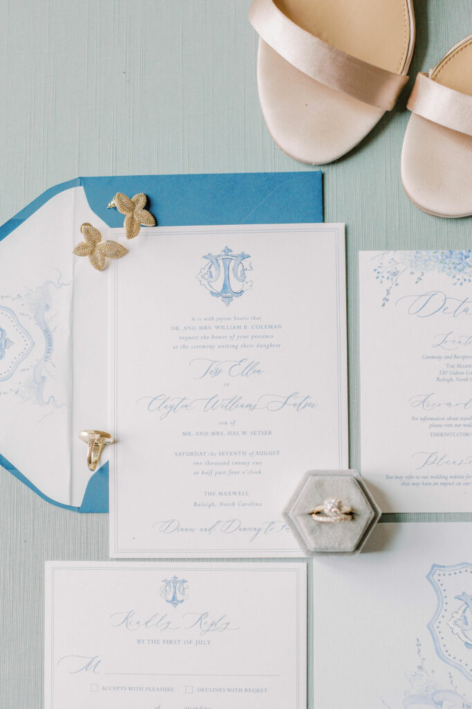 classic blue and white traditional wedding invitation suite