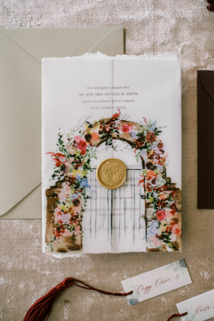 vellum wrapped wedding invitation suite with wax seal