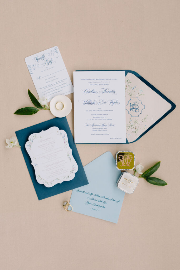 blue watercolor floral wedding invitation suite
