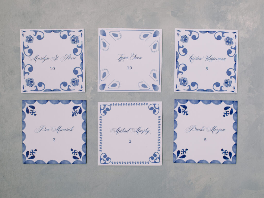 blue and white escort cards