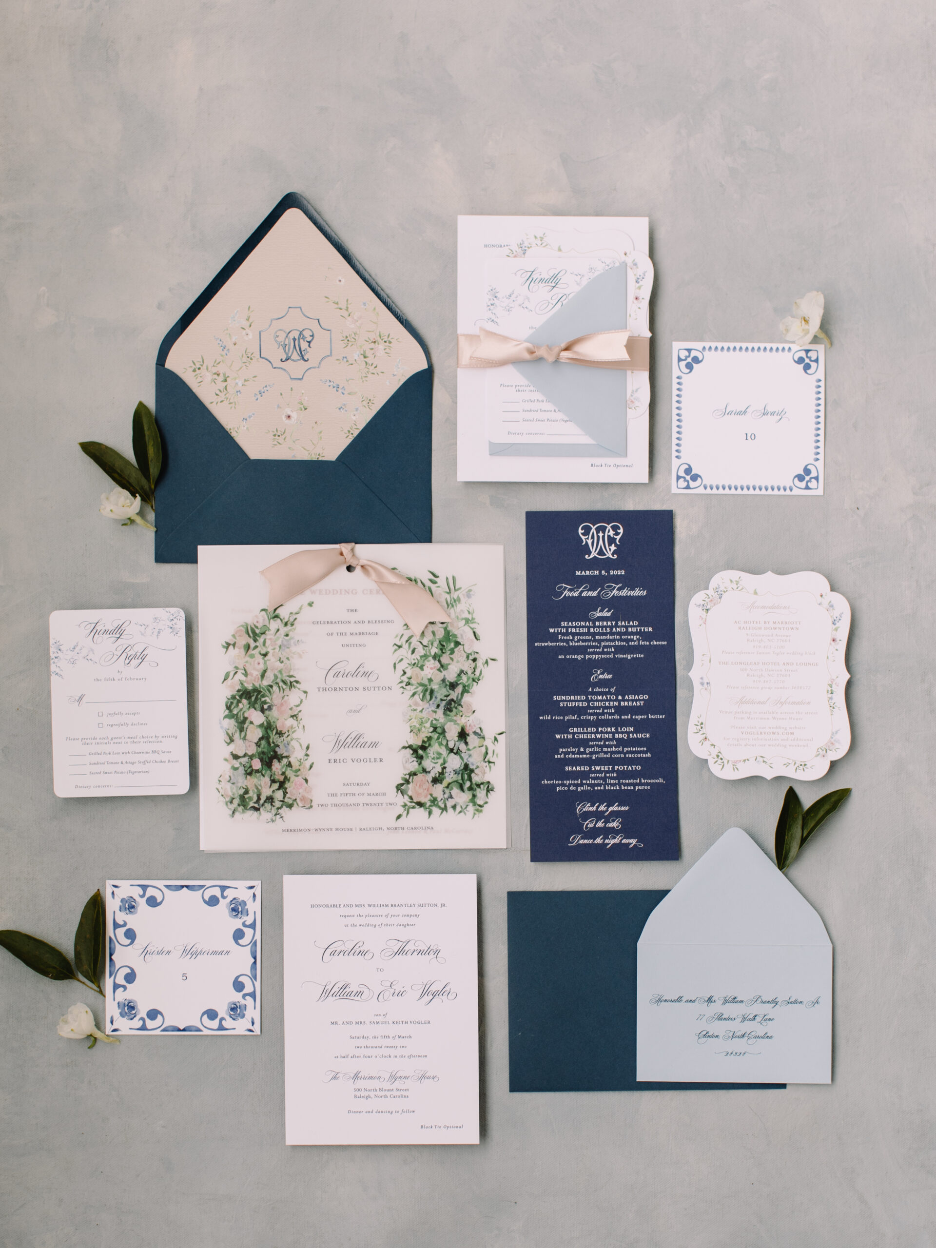 merrimon wynne blue and white wedding flat lay