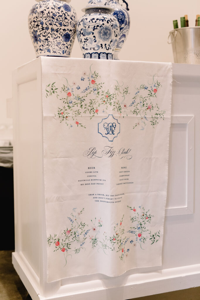 custom watercolor wedding bar menu on fabric