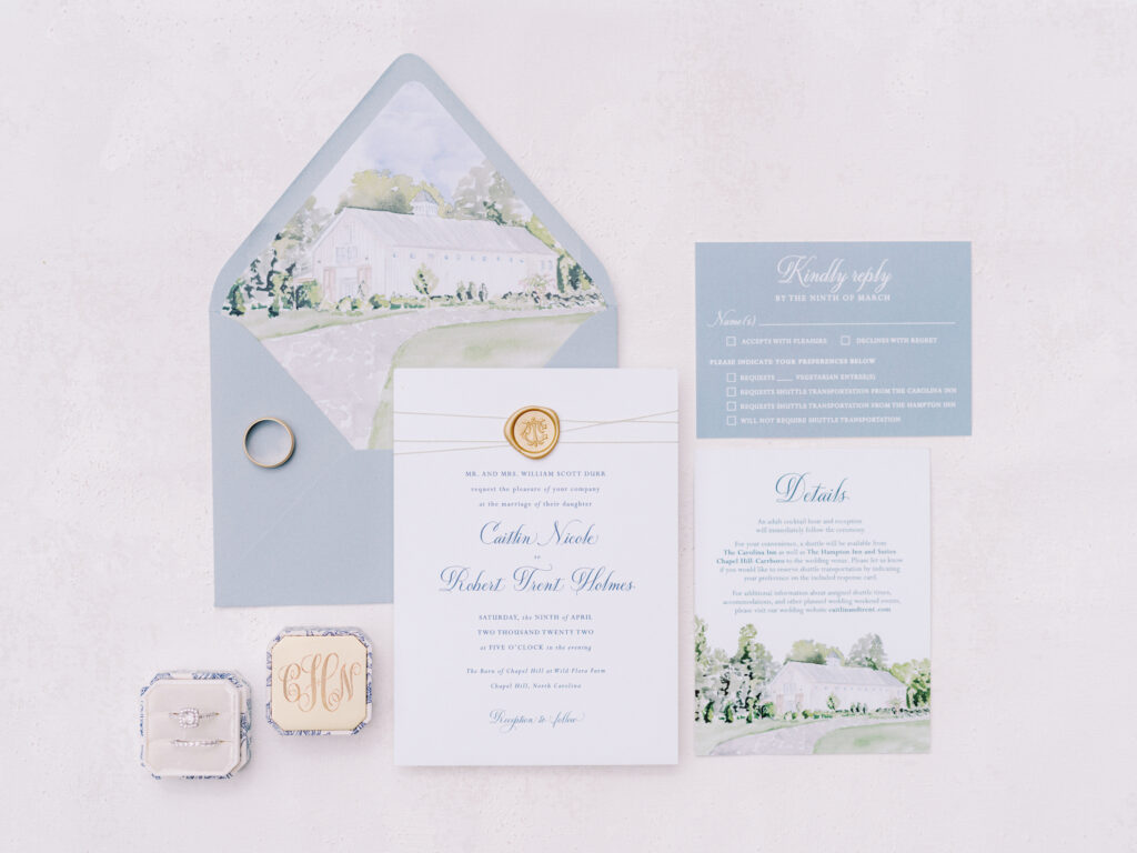 barn of chapel hill watercolor venue illustration invitation suite flat lay