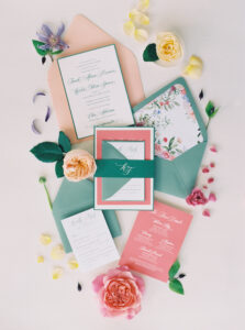 Green and Pink Summer Floral Wedding Invitation on White Background