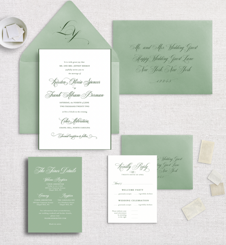 green and white monochromatic traditional wedding invitations