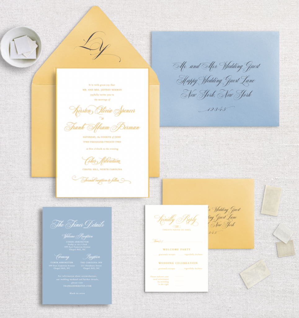 blue and yellow monochromatic wedding invitation suite