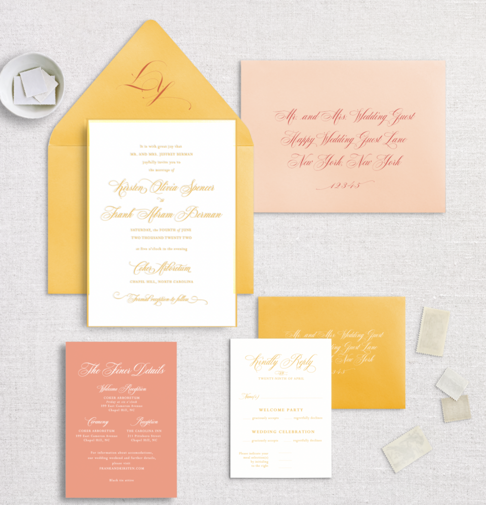 modern pink orange and yellow monochromatic wedding invitation suite