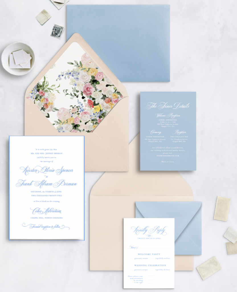 neutral and blue floral wedding invitations
