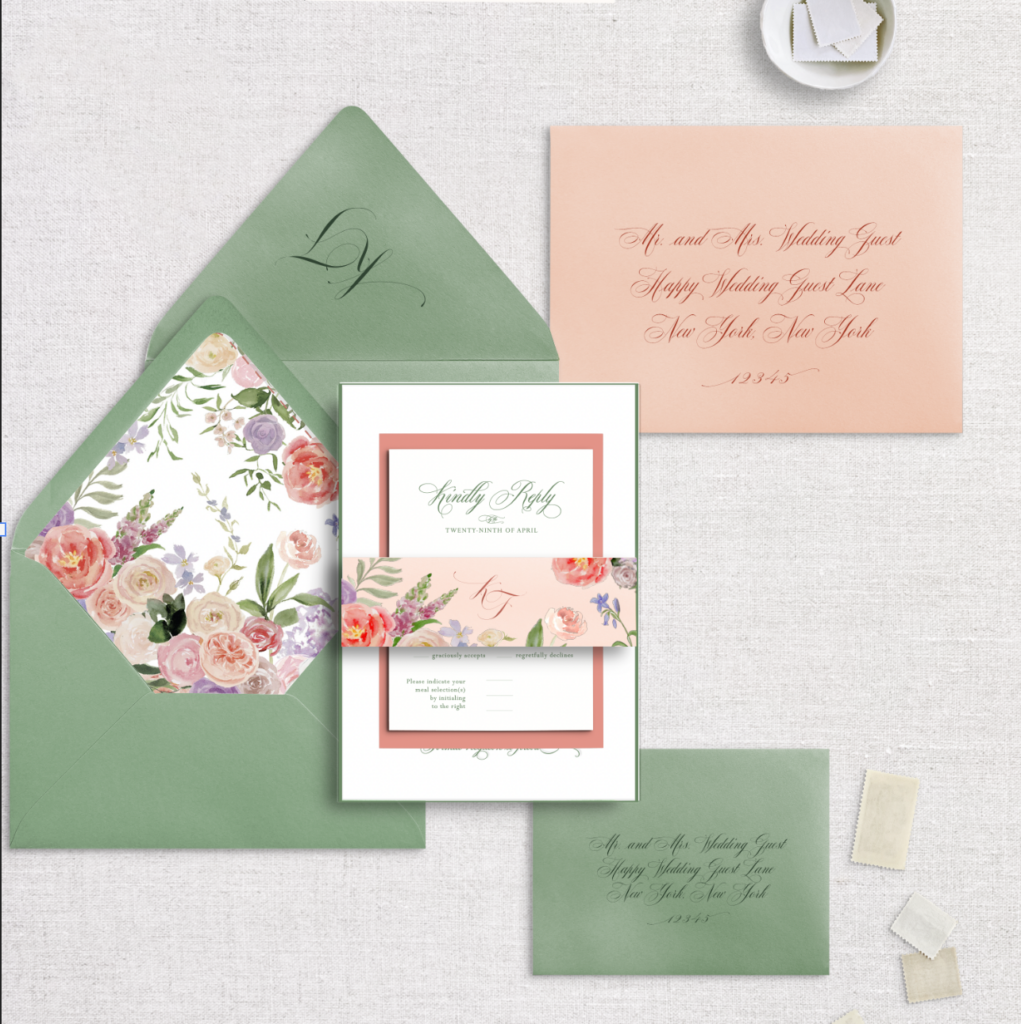 green and peach floral invitation suite with custom belly band