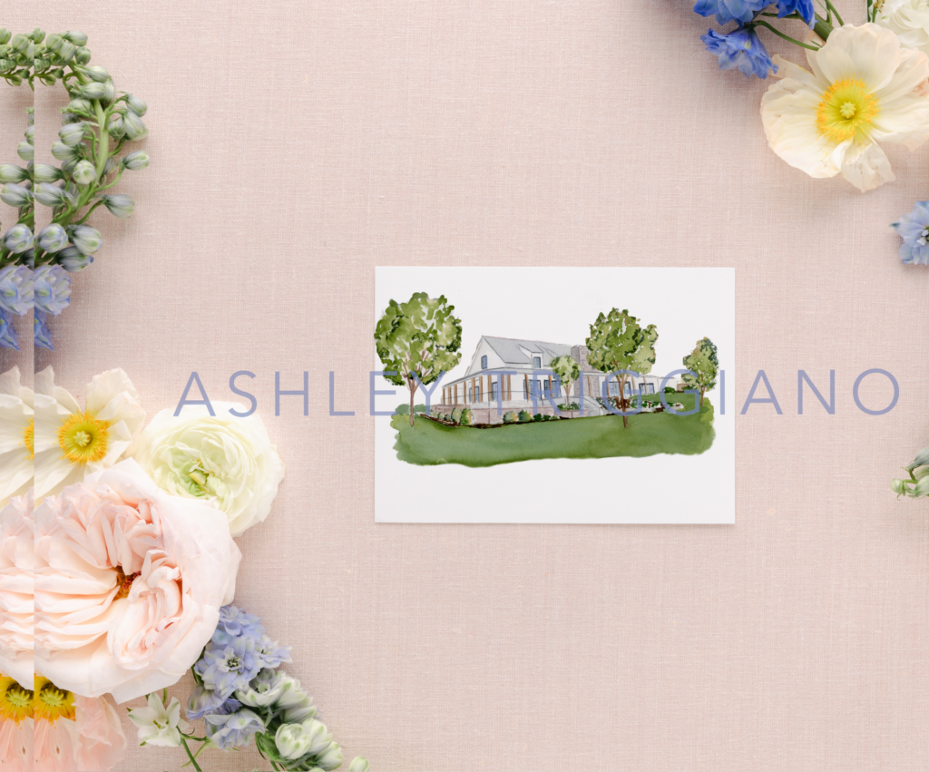 illustration of barn wedding venue board and batten on a pink background with purple and pink flowers