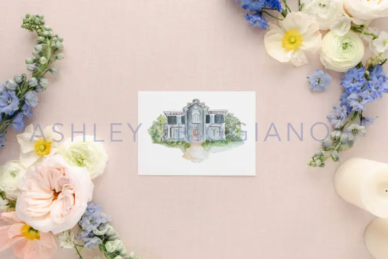 heights house watercolor wedding invitation on pink background with spring flowers