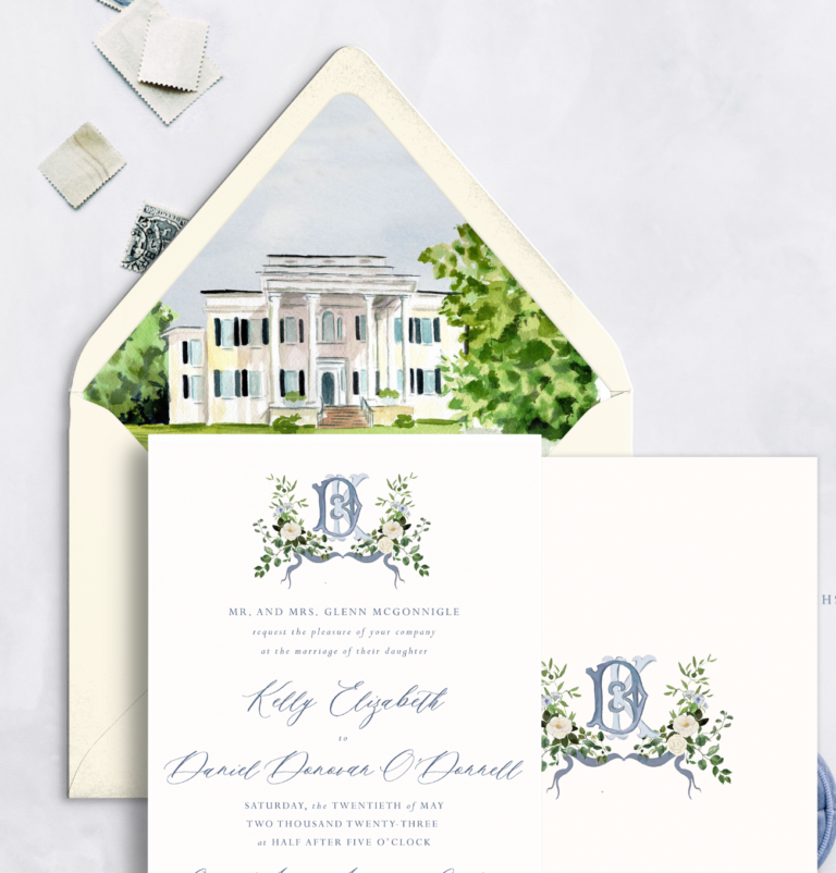 Oatlands historic mansion watercolor as a wedding invitation envelope liner