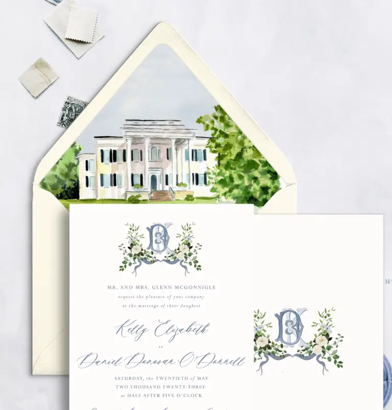 Oatlands historic mansion watercolor as a wedding invitation envelope liner