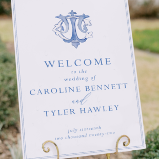 Shuler Studio Blue and White Monogram Wedding Welcome Sign on Easel