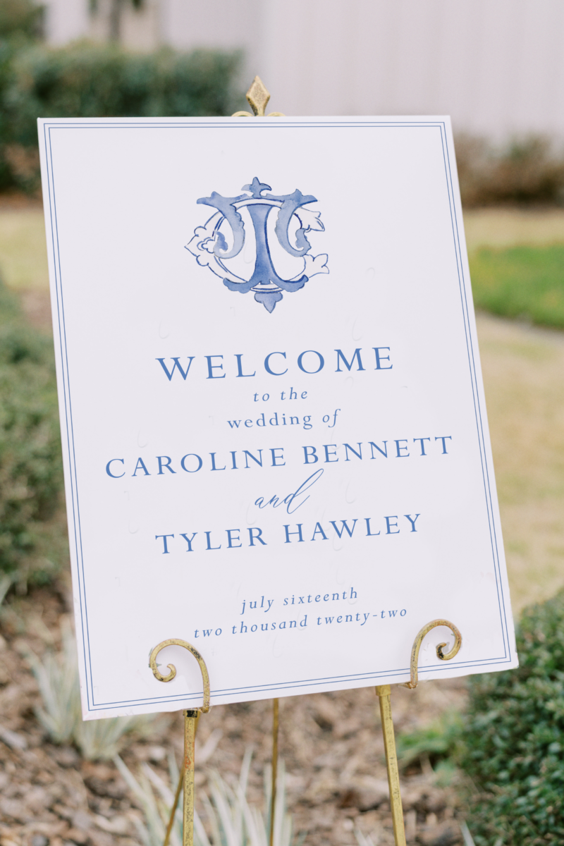 Shuler Studio Blue and White Monogram Wedding Welcome Sign on Easel