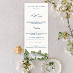 dinner menu for wedding on linen background with watercolor barn venue painting on top