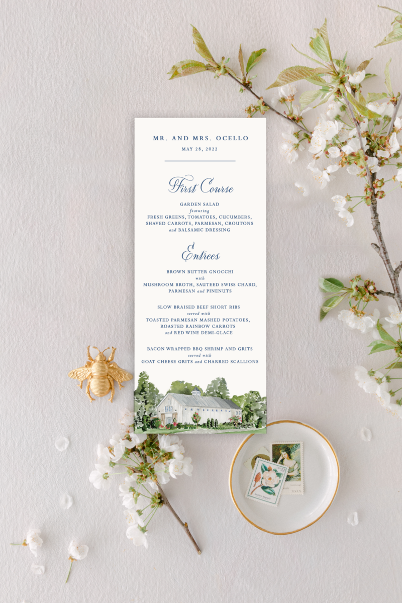 dinner menu for wedding on linen background with watercolor barn venue painting on top