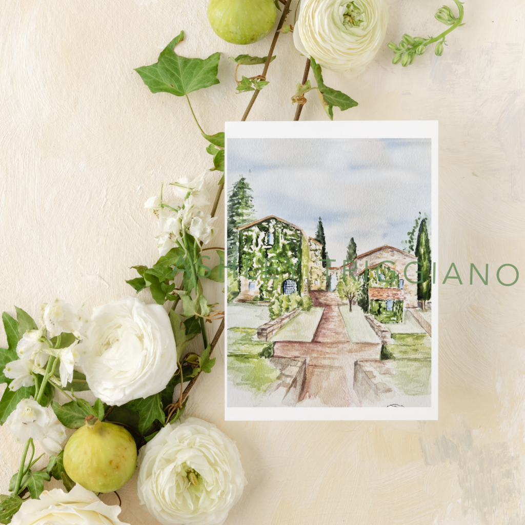 Borgo Bastia Creti (Umbria, Italy) watercolor painting for destination wedding invitation on a Florentine backdrop of marble and pears and white flowers with green accents as a flatly