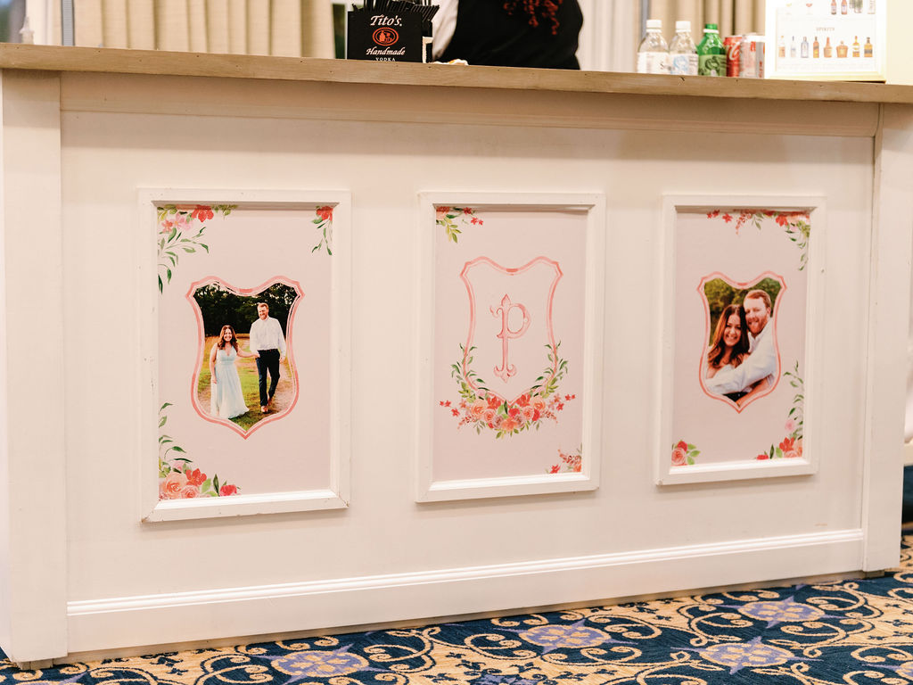 Custom watercolor panels with monogram and couple's picture on their bar for their Pinehurst resort wedding