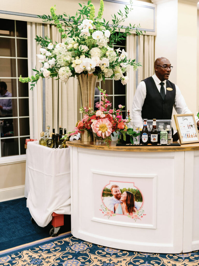 Custom bar panel on white bar for Pinehurst resort wedding