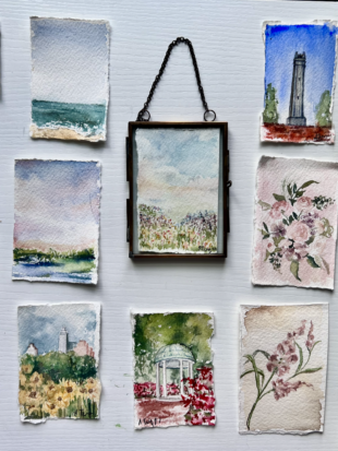 mini painting ornaments of nc landscapes and flowers in a grid