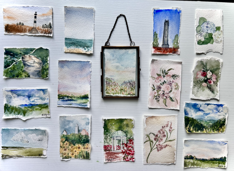 mini painting ornaments of nc landscapes and flowers in a grid
