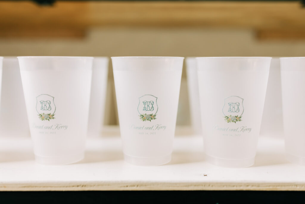custom monogrammed plastic cups at wedding