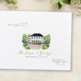 venue illustration on print for guest book signatures with greenery around edges and a pen with the Bradford in new hill North Carolina