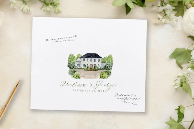 venue illustration on print for guest book signatures with greenery around edges and a pen with the Bradford in new hill North Carolina