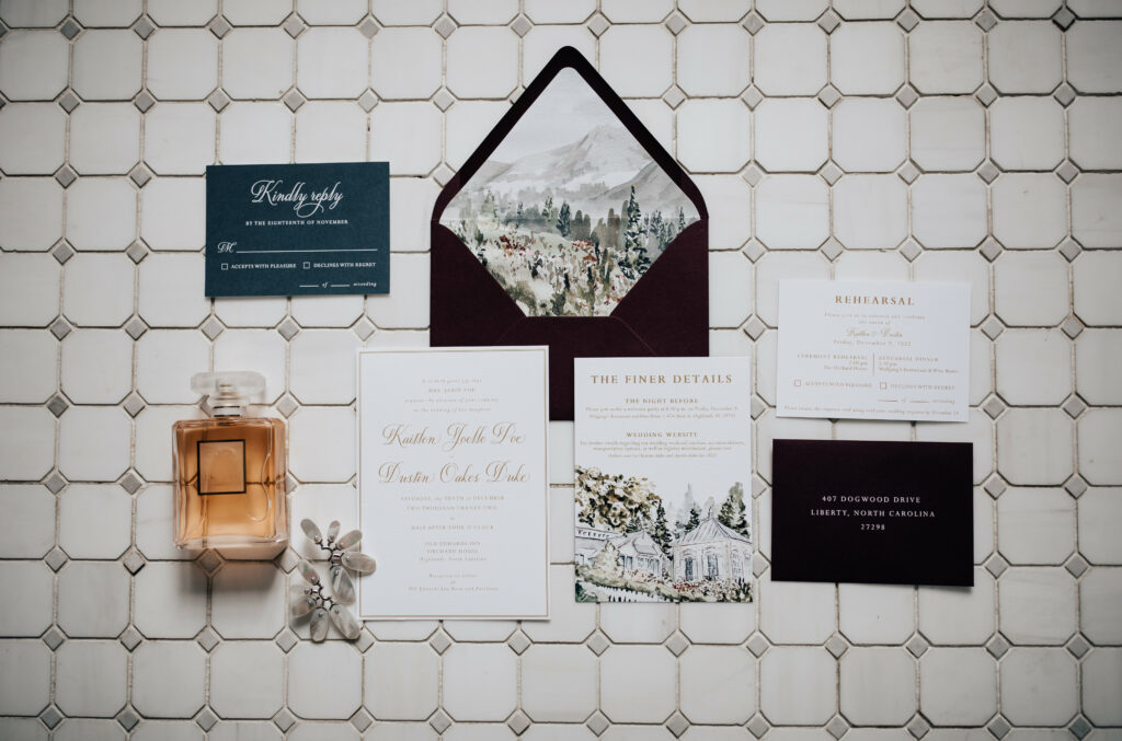 custom watercolor invitation suite for Old Edwards Inn wedding
