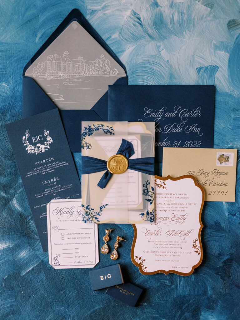 blue and gold invitation suite for New Year's Eve wedding