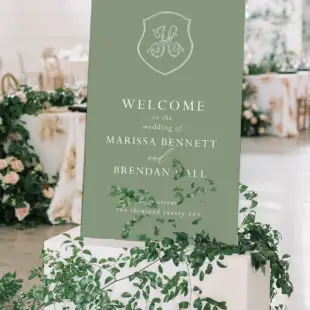 green and white oversized large wedding welcome sign with monogram crest