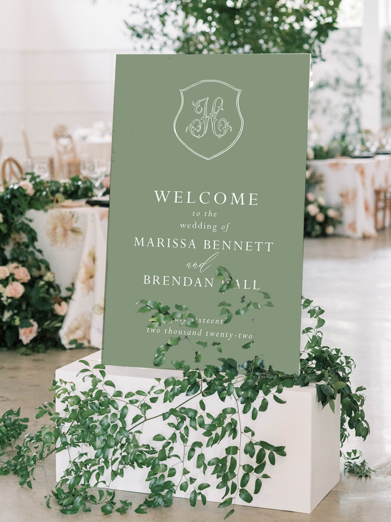 green and white oversized large wedding welcome sign with monogram crest