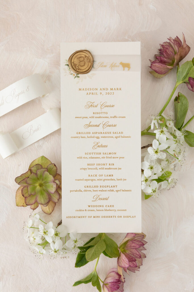 custom stationery dinner menu for Biltmore Estate wedding