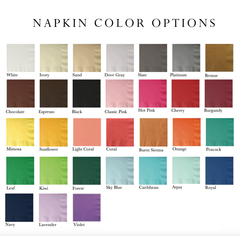 napkin colors in a variety of shades available for foil crest imprint