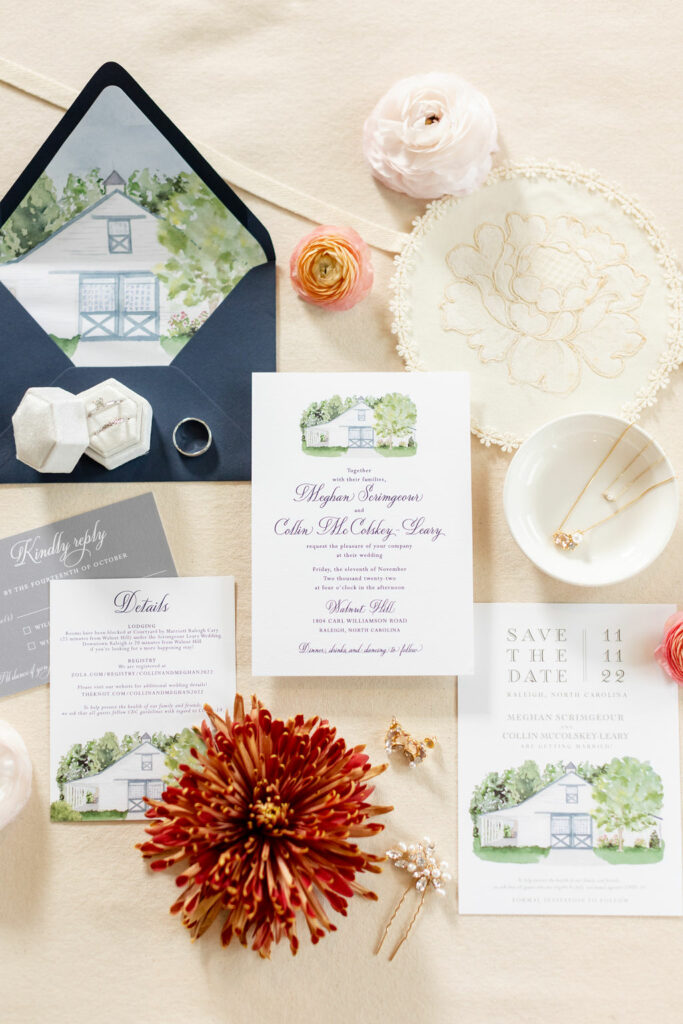 custom wedding venue illustration invitation suite