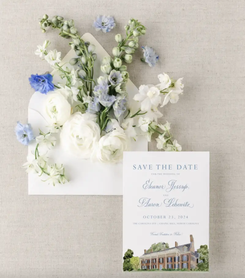 Carolina Inn Watercolor painting on Save the Date card with white and blue flowers for wedding